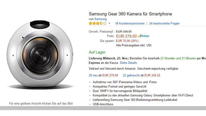 Samsung Gear 360 günstig wie nie